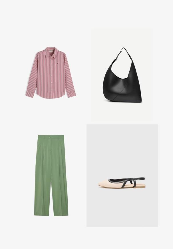 Chemise à rayures verticales rouges et blanches à manches longues avec col et petit logo brodé sur la poitrine, présentée à plat sur fond blanc.; Pantalons larges verts fabriqués en tissu lisse. Présentent des plis à l'avant, une fermeture à bouton unique et des passants de ceinture.; Chaussures plates à brides avec un dessus nude, bordures en cuir noir et un petit talon. Présentent des côtés ouverts et un design à bout arrondi.; Sac à épaule en cuir noir avec forme triangulaire incurvée, une seule sangle ajustable, et une couture diagonale visible à l'avant.