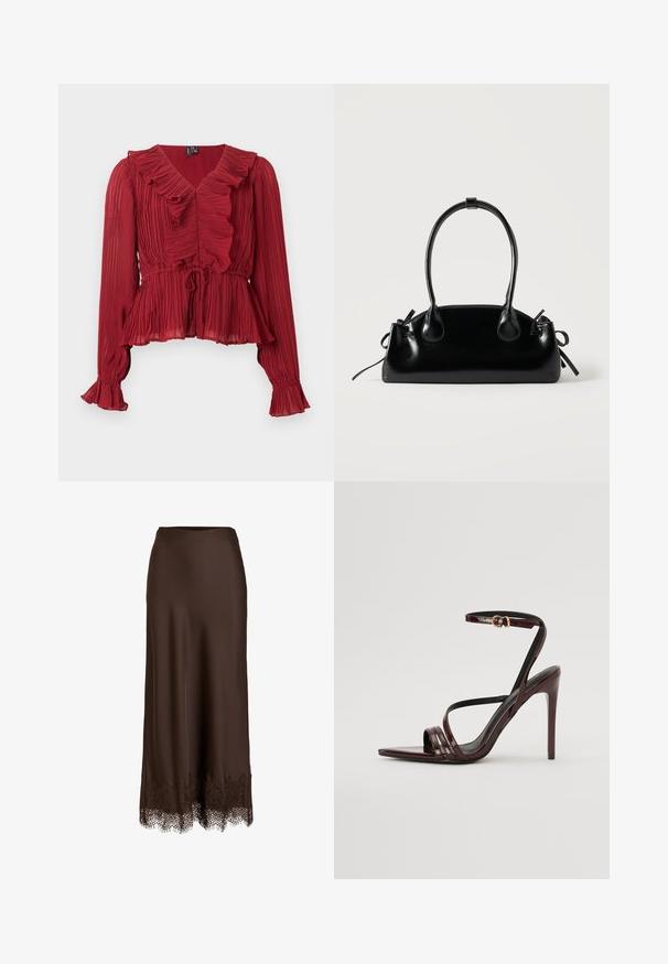 Rode geplooide blouse met een ruches halslijn, lange mouwen en een getailleerde taille. Gemaakt van lichtgewicht stof met een zachte textuur.; Donkerbruine lange rok met aansluitende taille en ingewikkeld kanten trim aan de zoom.; Bordeaux gepatineerde leren hoge hakken sandaal met een enkelbandje, puntige neus en drie horizontale banden over de voet. Details met gouden gesp.; Kleine zwarte glanzende handtas met twee lange hengsels en zijkant trekkoord details op een effen lichte achtergrond.