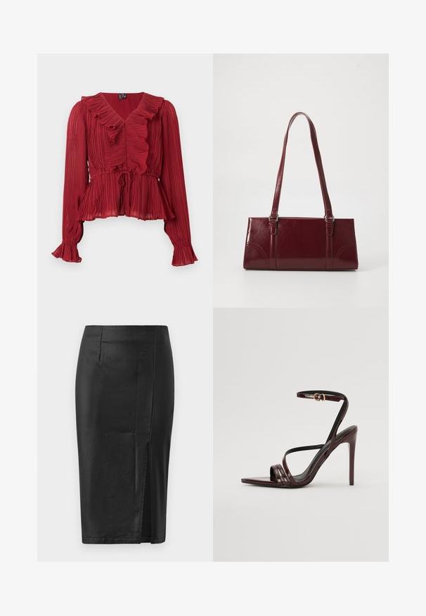 Blusa roja plisada con cuello fruncido, mangas largas y cintura ceñida. Confeccionada con una tela ligera de textura suave.; Falda lápiz negra con una textura suave y elegante, con abertura lateral y costuras a medida, diseñada para una silueta ajustada.; Sandalia de tacón alto de charol burdeos con tira en el tobillo, punta afilada y tres tiras horizontales en el pie. Detalle de hebilla en tono dorado.; Bolso burdeos hecho de material brillante, de forma rectangular, con dos asas para el hombro y sutiles acentos curvados en la parte frontal.