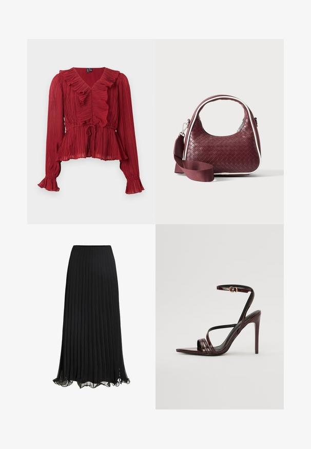 Blusa roja plisada con cuello fruncido, mangas largas y cintura ceñida. Confeccionada con una tela ligera de textura suave.; Falda maxi plisada negra hecha de un tejido liviano con un diseño fluido. Cuenta con un dobladillo con volantes y una cinturilla elástica para mayor comodidad.; Sandalia de tacón alto de charol burdeos con tira en el tobillo, punta afilada y tres tiras horizontales en el pie. Detalle de hebilla en tono dorado.; Bolso de mano de cuero tejido color granate con asa curva, ribete blanco, cremallera plateada y correa desmontable de tela ancha para el hombro sobre fondo liso.