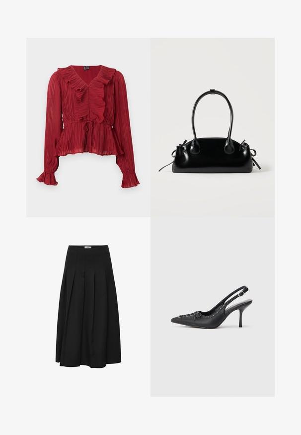 Blouse rouge plissée avec un col à volants, manches longues et taille cintrée. Réalisée en tissu léger avec une texture douce.; Jupe midi plissée noire en tissu lisse. Elle présente une taille haute et une silhouette fluide avec des plissés soigneusement cousus.; Escarpin en cuir noir à talon aiguille avec un bout pointu, une bride latérale à boucle, des clous le long du bord et un laçage décoratif à l'avant.; Petit sac à main noir brillant avec deux longues anses et des détails à cordon sur les côtés sur un fond clair uni.