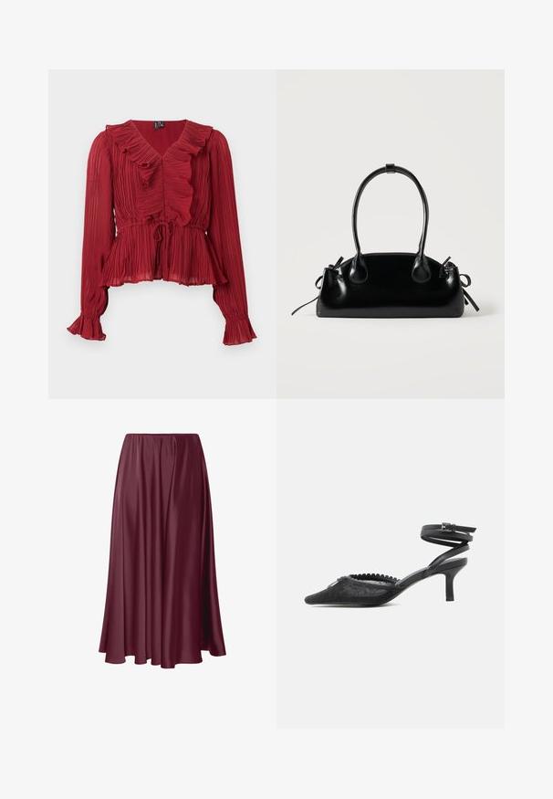 Blouse rouge plissée avec un col à volants, manches longues et taille cintrée. Réalisée en tissu léger avec une texture douce.; Jupe longue bourgogne en tissu lisse et brillant avec un design fluide et une taille élastique. Pas de motifs ni d'accents présents.; Escarpin noir à bout pointu avec talon kitten, dessus en dentelle, bord festonné et bride autour de la cheville avec fermeture à boucle.; Petit sac à main noir brillant avec deux longues anses et des détails à cordon sur les côtés sur un fond clair uni.