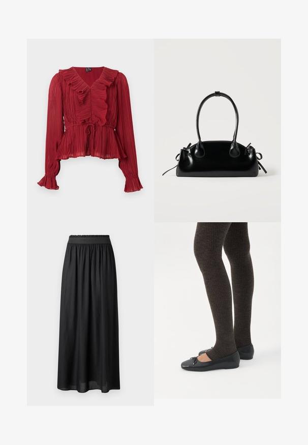Blusa roja plisada con cuello fruncido, mangas largas y cintura ceñida. Confeccionada con una tela ligera de textura suave.; Falda negra de longitud media hecha de tela ligera, con una cinturilla elástica y una silueta fluida de textura suave.; Piernas con leggings oscuros acanalados combinados con bailarinas negras que presentan pequeños detalles de lazo sobre un fondo blanco.; Pequeño bolso negro brillante con dos asas largas y detalles de cordón lateral sobre un fondo claro liso.