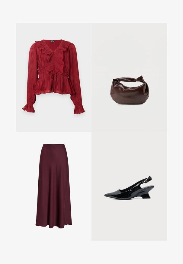 Rote, plissierte Bluse mit gerafftem Ausschnitt, langen Ärmeln und tailliertem Bund. Hergestellt aus leichtem Stoff mit weicher Textur.; Burgunderfarbene Satin-Maxikleid mit glatter Textur, hoher Taille und fließender Silhouette, die sich sanft zur Saumkante hin ausläuft.; Schwarzer Slingback-Schuh aus Lackleder mit spitzer Spitze und niedrigem, schrägem Blockabsatz auf einfachem hellem Hintergrund.; Dunkelbraune Lederschultertasche mit weicher, lockerer Form und einem gedrehten Knotengriff vor schlichtem weißem Hintergrund.