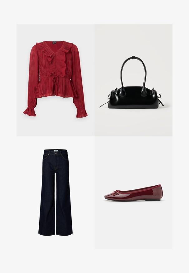 Blouse rouge plissée avec un col à volants, manches longues et taille cintrée. Réalisée en tissu léger avec une texture douce.; Jean en denim bleu foncé à jambes larges avec bouton et fermeture éclair à l'avant, passants de ceinture et poches avant, présenté sur fond blanc.; Ballerines en cuir verni bordeaux brillant, avec un bout arrondi, un nœud décoratif et une semelle noire basse.; Petit sac à main noir brillant avec deux longues anses et des détails à cordon sur les côtés sur un fond clair uni.