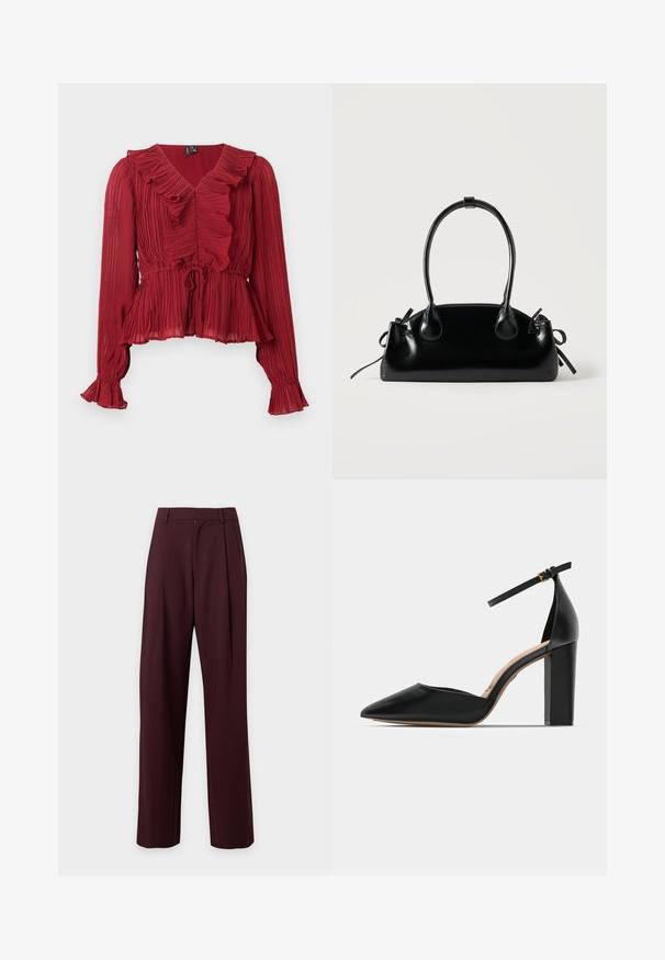 Rote, plissierte Bluse mit gerafftem Ausschnitt, langen Ärmeln und tailliertem Bund. Hergestellt aus leichtem Stoff mit weicher Textur.; Dunkelbraune, hochgeschnittene, maßgeschneiderte Hose mit geraden Beinen und Gürtelschlaufen, vor hellem, einfarbigem Hintergrund dargestellt.; Schwarzer Leder-Pumps mit Knöchelriemen, spitzem Zeh und quadratischem Blockabsatz. Glatte Textur mit minimalistischer Gestaltung.; Kleine schwarze glänzende Handtasche mit zwei langen Griffen und seitlichen Kordelzug-Details vor einfachem hellem Hintergrund.