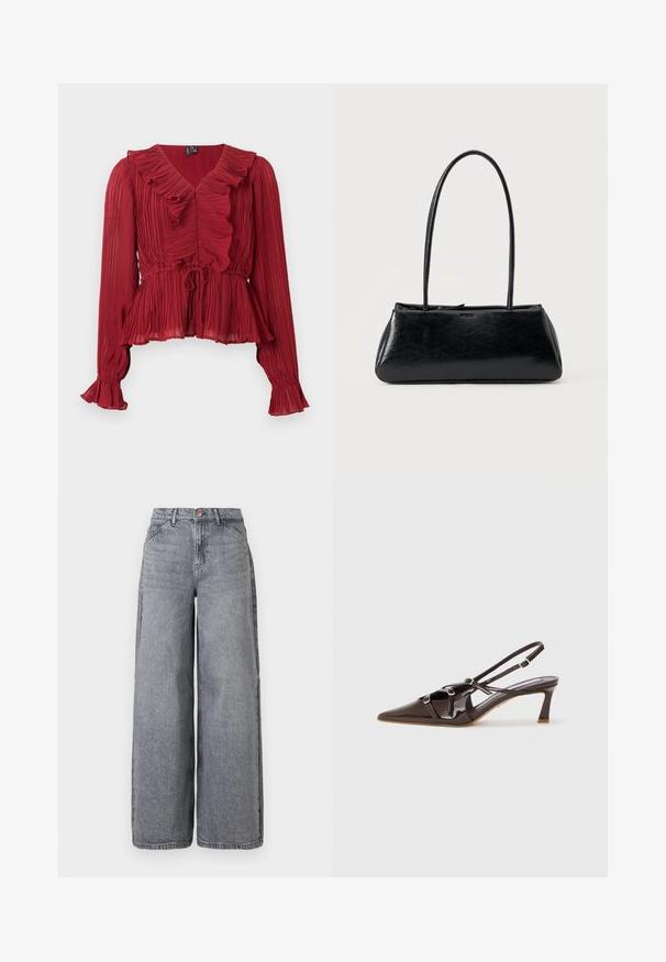 Blusa roja plisada con cuello fruncido, mangas largas y cintura ceñida. Confeccionada con una tela ligera de textura suave.; Jeans de denim de pierna ancha en un lavado gris desgastado, con cinco bolsillos, cierre de botón y una textura suave con sutiles detalles de desgaste.; Tacón slingback de charol marrón con punta afilada, correas ajustables y hebillas decorativas en la parte frontal. Altura del tacón de 3 pulgadas.; Bolso de hombro rectangular negro con correas largas y delgadas y una textura lisa y brillante sobre un fondo liso.