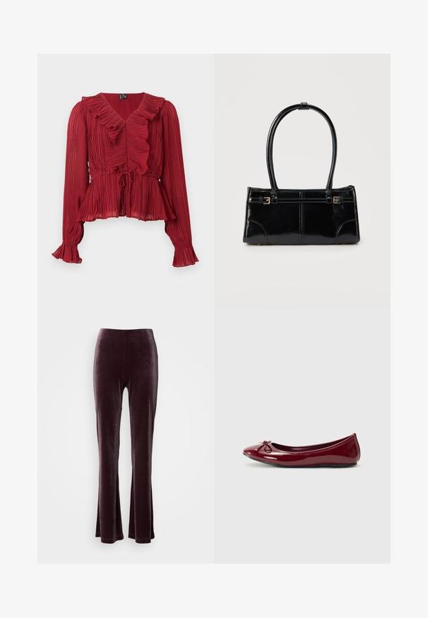 Rode geplooide blouse met een ruches halslijn, lange mouwen en een getailleerde taille. Gemaakt van lichtgewicht stof met een zachte textuur.; Donkerpaarse fluwelen hoge taille legging met een flared ontwerp, weergegeven tegen een eenvoudige witte achtergrond.; Balletflats in glanzend bordeaux patentleer, met een afgeronde neus en een klein strikje aan de voorkant. Gladde textuur, lage hak.; Glanzend zwart rechthoekig handtasje met twee dunne schouderbanden en kleine gouden gespsdetails aan de voorkant.