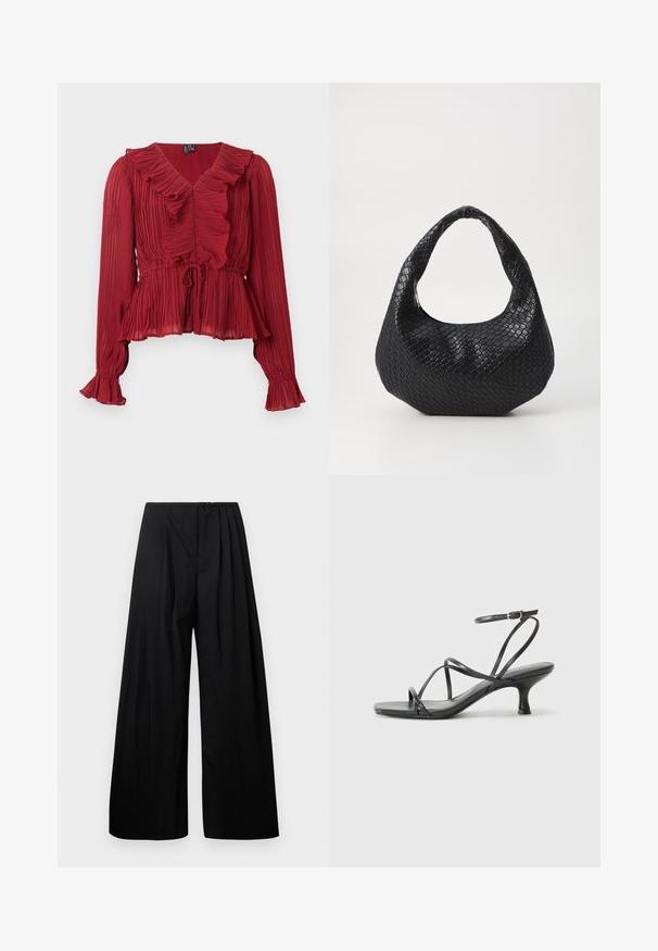Blusa roja plisada con cuello fruncido, mangas largas y cintura ceñida. Confeccionada con una tela ligera de textura suave.; Pantalones de pierna ancha negros con cintura alta, que cuentan con pliegues verticales y cierre de botón. Textura suave, diseño minimalista.; Sandalias negras de tacón con tiras finas, diseño de punta abierta y un pequeño tacón acampanado. El material parece suave y brillante.; Bolso de mano tejido en negro con un asa curvada, que presenta una superficie texturizada y una forma holgada. Acabado suave con una silueta orgánica.