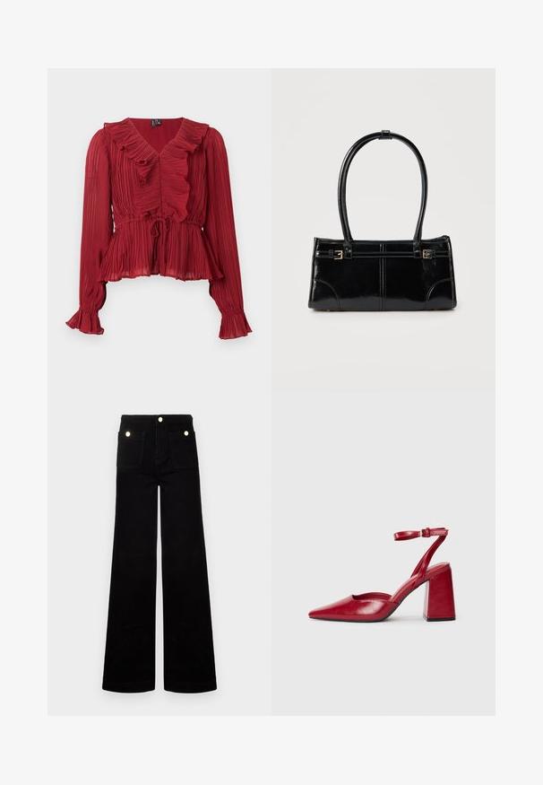 Rote, plissierte Bluse mit gerafftem Ausschnitt, langen Ärmeln und tailliertem Bund. Hergestellt aus leichtem Stoff mit weicher Textur.; Schwarze, ausgestellte Jeans aus Denim mit hoher Taille, zwei vorderen Taschen und goldfarbenen Hardware-Akzenten. Glatte Textur, weites Bein-Design.; Rote Slingback-Pumps aus Leder mit spitzer Zehenpartie, klobigem Blockabsatz und einem verstellbaren Knöchelriemen. Glatte Textur, minimalistisches Design.; Glänzende schwarze rechteckige Handtasche mit zwei dünnen Schulterriemen und kleinen goldenen Schnallen vorne.