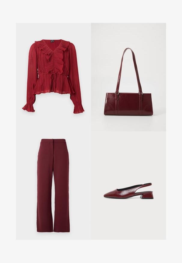 Blouse rouge plissée avec un col à volants, manches longues et taille cintrée. Réalisée en tissu léger avec une texture douce.; Pantalons droits pour femmes en bordeaux foncé avec une taille haute et des poches latérales, présentés sur un fond blanc uni.; Chaussure slingback en cuir marron avec bout pointu et petit talon carré, vue de profil sur fond clair uni.; Sac à main bordeaux en matériau brillant, de forme rectangulaire, avec deux anses et des accents légèrement courbés à l'avant.