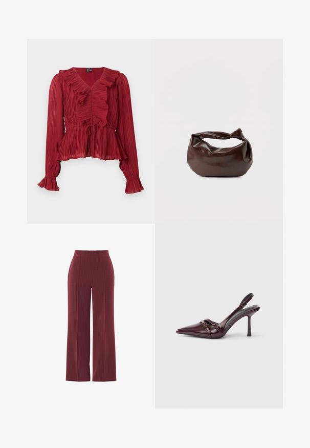 Blouse rouge plissée avec un col à volants, manches longues et taille cintrée. Réalisée en tissu léger avec une texture douce.; Pantalons larges bordeaux avec un motif à rayures fines, présentant une texture lisse et une taille élastique pour plus de confort.; Escarpin slingback en cuir verni bordeaux avec bout pointu, fine bride à la cheville et petit détail décoratif de boucle. Texture lisse et talon haut.; Sac bandoulière en cuir marron foncé avec une forme souple et décontractée et une anse nouée torsadée sur un fond blanc uni.