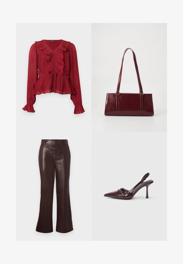 Blouse rouge plissée avec un col à volants, manches longues et taille cintrée. Réalisée en tissu léger avec une texture douce.; Pantalons évasés en simili cuir marron avec une texture lisse, dotés d'une taille ceinturée et d'une fermeture éclair. Lignes épurées et silhouette élégante.; Escarpin slingback en cuir verni bordeaux avec bout pointu, fine bride à la cheville et petit détail décoratif de boucle. Texture lisse et talon haut.; Sac à main bordeaux en matériau brillant, de forme rectangulaire, avec deux anses et des accents légèrement courbés à l'avant.