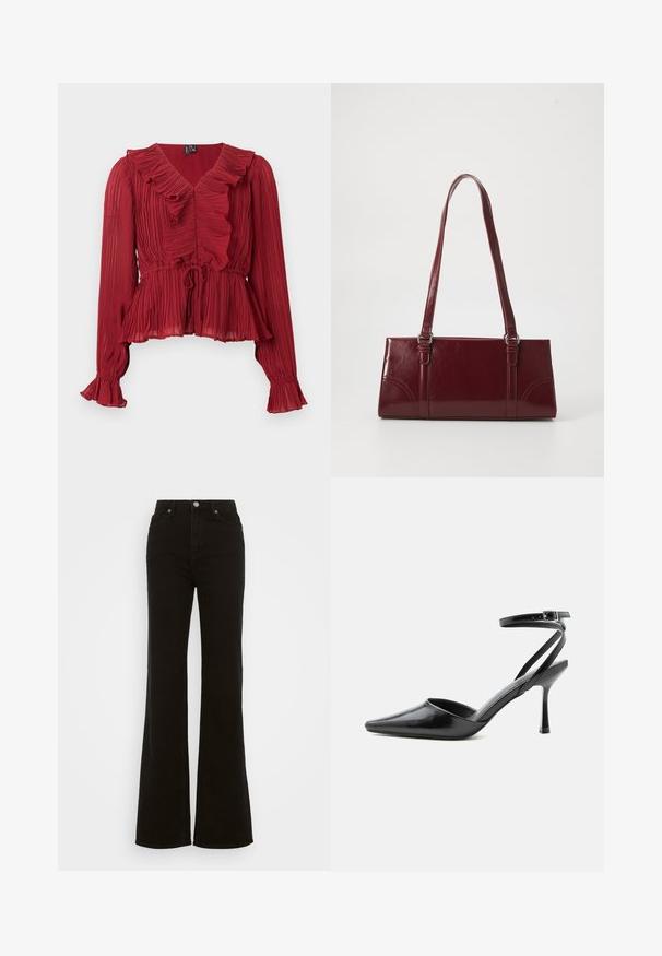 Rote, plissierte Bluse mit gerafftem Ausschnitt, langen Ärmeln und tailliertem Bund. Hergestellt aus leichtem Stoff mit weicher Textur.; Hoch taillierte schwarze Schlagjeans aus Denim, mit Knopfverschluss, seitlichen Taschen und glatter Textur.; Schwarzer spitzer High Heel mit dünnen Knöchelriemen und silberner Schnalle auf einfachem hellem Hintergrund.; Burgunderfarbene Handtasche aus glänzendem Material, rechteckige Form, mit zwei Schulterriemen und subtilen, geschwungenen Akzenten an der Vorderseite.