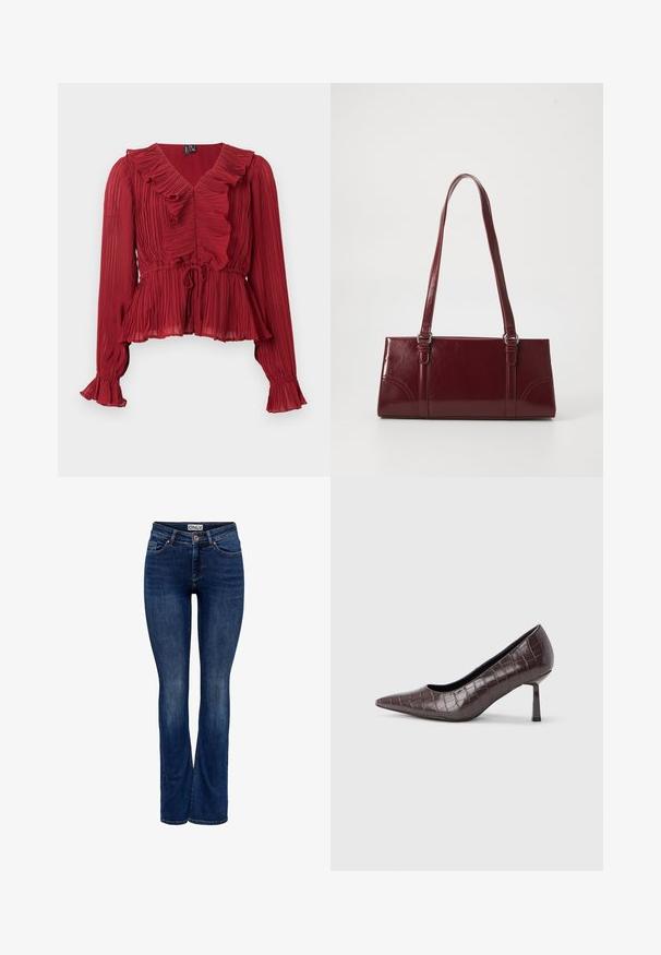 Rote, plissierte Bluse mit gerafftem Ausschnitt, langen Ärmeln und tailliertem Bund. Hergestellt aus leichtem Stoff mit weicher Textur.; Dunkelblaue Jeans aus Denim mit leichter Verblendung, Fünf-Taschen-Design, Knopfverschluss und Bootcut-Beinstil, mit dem Etikett "ONLY" am Bund.; Braune Pumps mit spitz zulaufender Spitze aus Kunstleder in Krokodiloptik, mit schlankem, eckigem Absatz und glatter Innenfütterung.; Burgunderfarbene Handtasche aus glänzendem Material, rechteckige Form, mit zwei Schulterriemen und subtilen, geschwungenen Akzenten an der Vorderseite.
