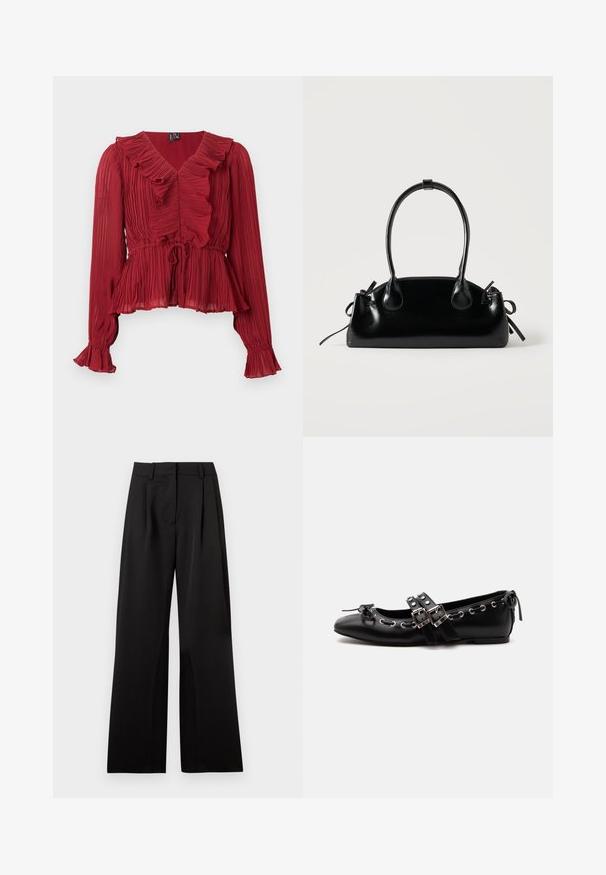 Blouse rouge plissée avec un col à volants, manches longues et taille cintrée. Réalisée en tissu léger avec une texture douce.; Pantalon large noir avec une texture lisse, comportant des plis avant, une taille plate et des passants de ceinture. Design simple et tailleur.; Chaussure de ballet plate noire avec doubles brides à boucle, œillets argentés et petit nœud près de l’orteil arrondi sur fond blanc.; Petit sac à main noir brillant avec deux longues anses et des détails à cordon sur les côtés sur un fond clair uni.