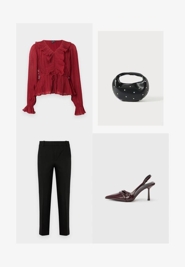 Blusa roja plisada con cuello fruncido, mangas largas y cintura ceñida. Confeccionada con una tela ligera de textura suave.; Pantalones negros de corte ajustado, con un frente plano, bolsillos laterales y una textura suave. Diseñados con una cintura de altura media y perneras estrechas.; Zapato de tacón slingback de charol burdeos con puntera puntiaguda, fina correa en el tobillo y pequeño detalle decorativo de hebilla. Textura suave y tacón alto.; Bolso de mano de cuero negro con forma redondeada, decorado con detalles de tachuelas plateadas y un asa corta. Textura lisa y cierre con cremallera.
