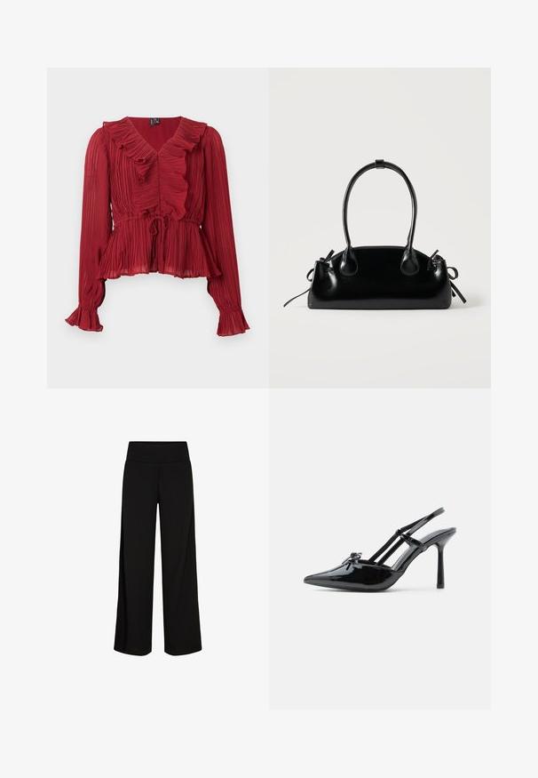 Blouse rouge plissée avec un col à volants, manches longues et taille cintrée. Réalisée en tissu léger avec une texture douce.; Pantalons larges noirs avec une taille douce et extensible. Tissu lisse, design à longueur complète, sans fermetures ni motifs visibles.; Chaussure slingback à talon haut en cuir verni noir, avec bout pointu, talon fin et double brides décoratives sur le cou-de-pied.; Petit sac à main noir brillant avec deux longues anses et des détails à cordon sur les côtés sur un fond clair uni.