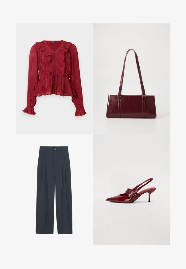 Blouse rouge plissée avec un col à volants, manches longues et taille cintrée. Réalisée en tissu léger avec une texture douce.; Pantalons larges en tissu texturé gris foncé, avec des plis avant, une fermeture à bouton et des poches latérales pour plus de fonctionnalité.; Escarpins slingback en cuir verni rouge avec un bout pointu, deux brides à boucle et un talon aiguette slim de hauteur intermédiaire. Texture lisse.; Sac à main bordeaux en matériau brillant, de forme rectangulaire, avec deux anses et des accents légèrement courbés à l'avant.