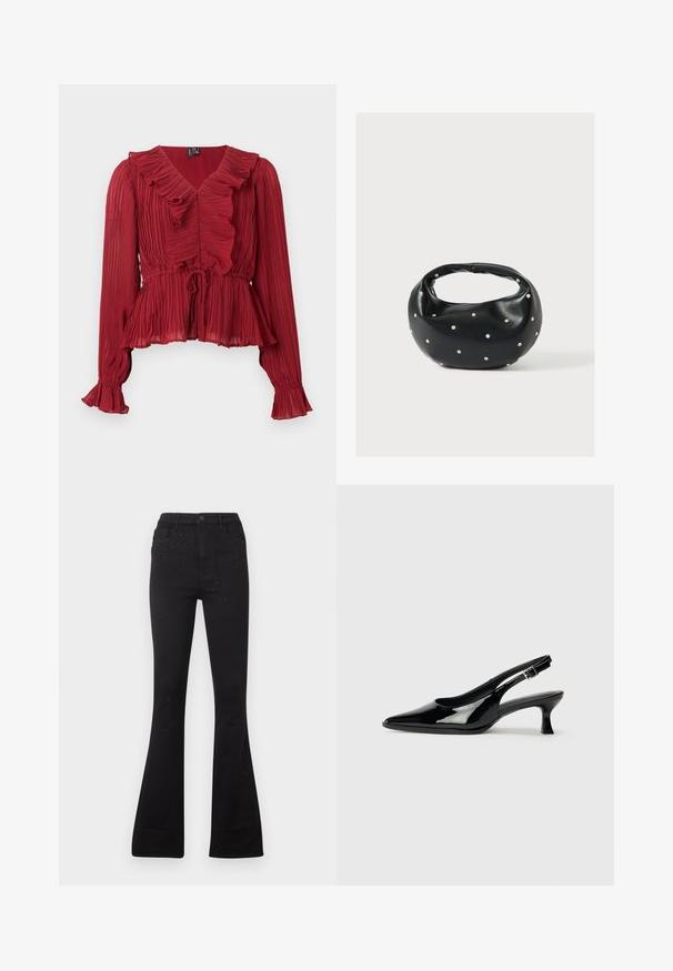 Blouse rouge plissée avec un col à volants, manches longues et taille cintrée. Réalisée en tissu léger avec une texture douce.; Jean noir évasé en denim avec une texture lisse. Détail remarquable : petits clous sur le devant. Fermeture par bouton à la taille.; Escarpins en cuir verni noir avec un bout pointu et un petit talon carré. Sangle réglable à la cheville avec boucle.; Sac à main en cuir noir de forme arrondie, décoré de clous argentés et équipé d'une poignée courte. Texture lisse et fermeture éclair.