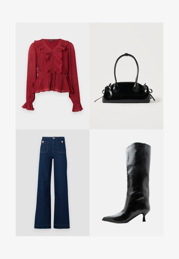 Rød plisseret bluse med en flæset halsudskæring, lange ærmer og en indsnævret talje. Fremstillet af letvægtsstof med en blød tekstur.; Mørkeblå vidde jeans med høj talje, guldknap-detaljer, to for- og baglommer samt kontrastsyede detaljer. Tekstureret denim stof.; Sort skinnende knæhøj læderstøvle med spids tå og lav buet hæl på en ensfarvet lys baggrund.; Lille sort blank håndtaske med to lange håndtag og snøre-detaljer i siden på en ensfarvet lys baggrund.