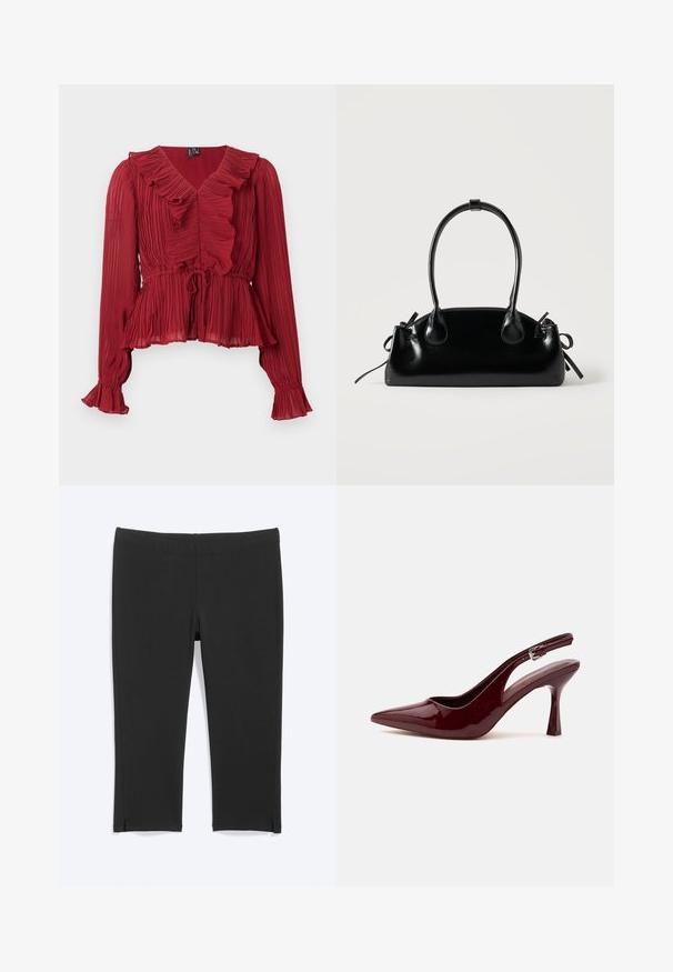 Blouse rouge plissée avec un col à volants, manches longues et taille cintrée. Réalisée en tissu léger avec une texture douce.; Leggings courts noirs avec petites fentes latérales à l'ourlet, en tissu extensible lisse, présentés à plat sur fond blanc.; Chaussure à talon haut slingback rouge foncé brillant à bout pointu, avec une fine bride réglable et un talon aiguille effilé sur fond blanc.; Petit sac à main noir brillant avec deux longues anses et des détails à cordon sur les côtés sur un fond clair uni.