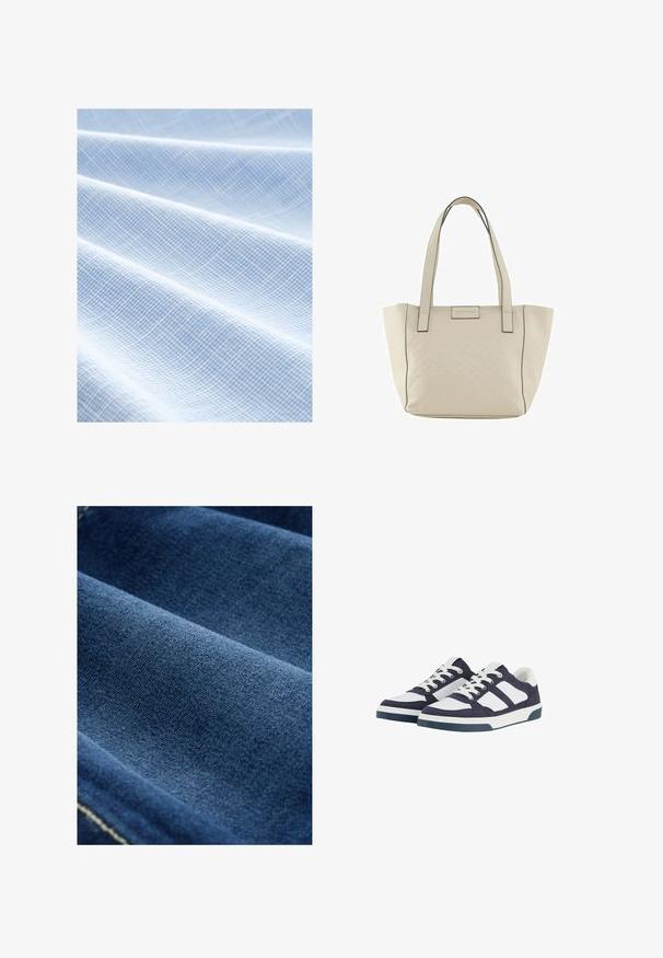 Lyst blå stof med et vævet gittermønster. Texturen er glat med synlige folder, hvilket indikerer et blødt og let materiale.; Mørkeblå denim stof med en glat tekstur, synlig vævning og subtil stræk. Har svage syninger langs kanterne.; Marineblå og hvide canvas sneakers med et lavt design, der har snørebånd, gummisåler og kontrasterende stribede detaljer.; Beige tote bag med præget geometrisk mønster, dobbelte håndtag og sorte stikninger. Har et diskret logo på fronten.
