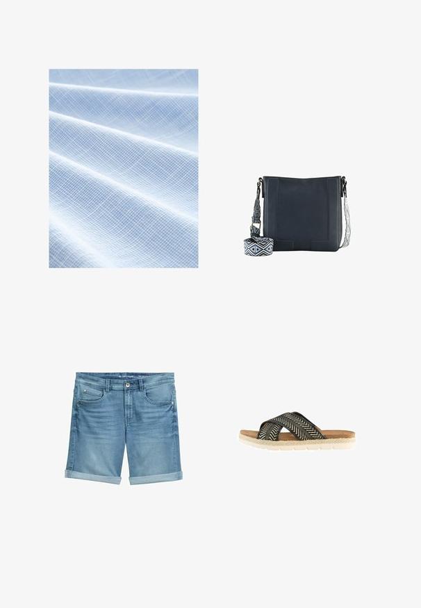 Lichtblauwe stof met een geweven rasterpatroon. De textuur is glad met zichtbare plooien, wat wijst op een zacht en lichtgewicht materiaal.; Leren denim shorts in lichtblauw met een vervaagde afwerking, met opgerolde pijpen, een vijf-pocket ontwerp en een metalen knoopsluiting bij de taille.; Zwarte en beige geweven sandalen met kruisbanden en een platte espadrille-stijl zool, voorzien van een gestructureerde stof en een gewatteerde binnenzool.; TOM TAILOR NANI CROSS BAG M - Schoudertas - dark blue