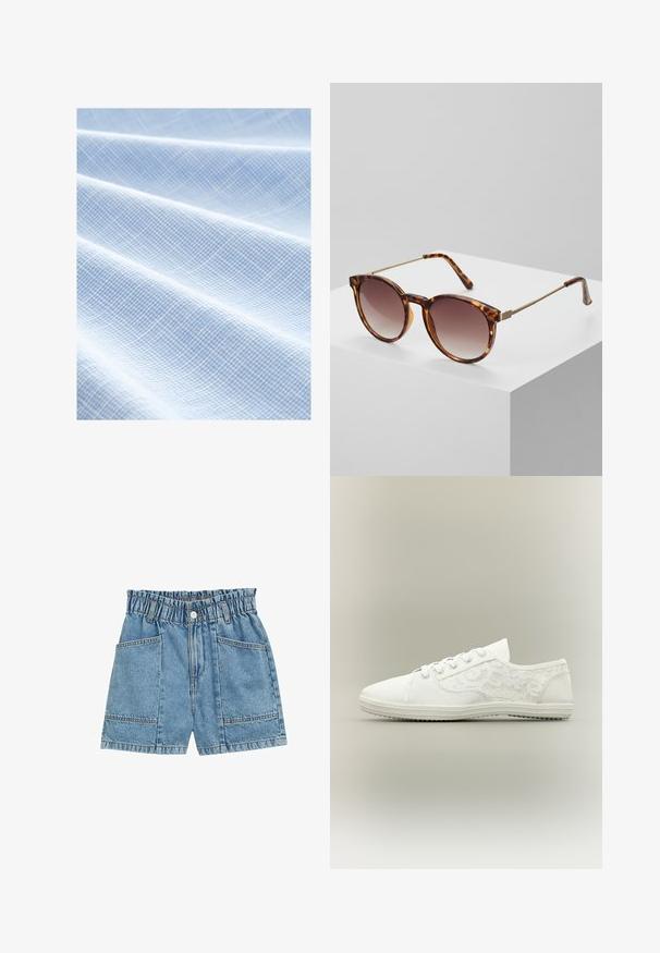 Tela azul clara con un patrón de cuadrícula tejido. La textura es suave con pliegues visibles, lo que indica un material ligero y blando.; Shorts de mezclilla con cintura elasticada, color azul claro, cuatro bolsillos y costuras visibles a lo largo de las costuras.; Zapatilla blanca de lona con paneles laterales florales de encaje y cordones blancos sobre un fondo claro y neutro, vista lateral.; Gafas de sol de carey con lentes degradados y finos acentos de metal dorado. Presenta montura redondeada y patillas elegantes para un aspecto moderno.