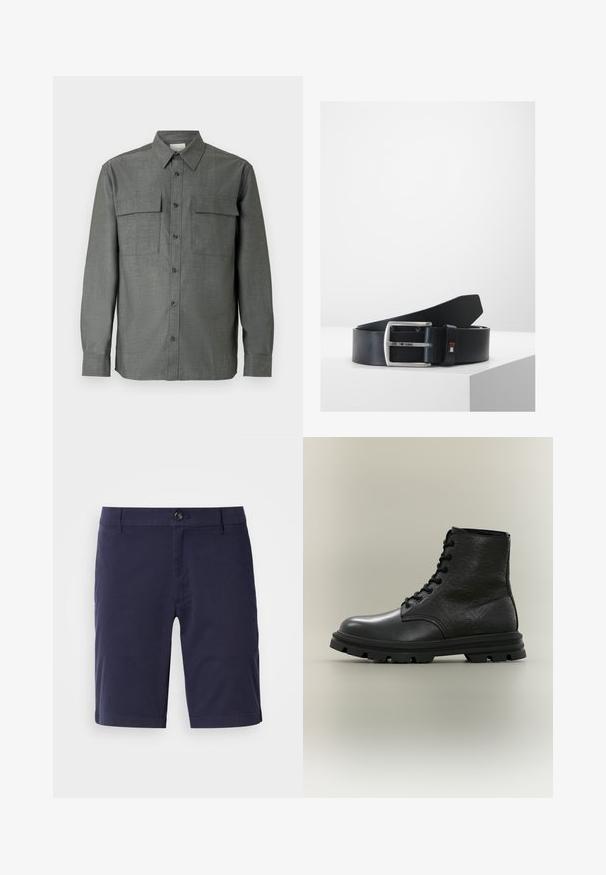 Grijze overhemd met knopen, voorzien van een gestructureerde kraag, twee borstzakken en lange mouwen met knoopmanchetten; textuurrijke stofafwerking.; Marineblauwe shorts met een rechte voorkant, knoopsluiting en zijzakken. Gemaakt van lichte stof met een gladde textuur.; Zwarte leren vetercombatboot met een patroon op het bovenwerk, dikke zool en afgeronde neus, weergegeven vanaf de rechterkant op een lichte achtergrond.; Zwarte leren riem met een zilveren rechthoekige gesp. De gesp heeft een klein logo-detail en een gladde textuur. Eenvoudig, klassiek ontwerp.