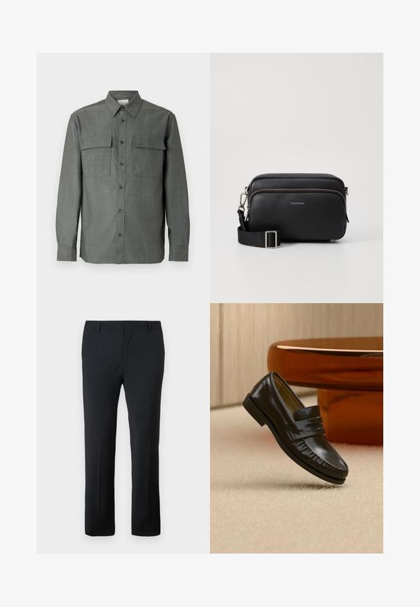 Camisa gris abotonada con cuello estructurado, dos bolsillos en el pecho y mangas largas con puños abotonados; acabado de tela texturizada.; Pantalones tailored negros con una textura suave, diseño de pierna recta, cintura segura y sin patrones o adornos visibles.; Mocasín de cuero negro brillante con detalle de correa, colocado sobre una alfombra beige cerca de una mesa de café redonda marrón en una habitación con iluminación suave.; Bolso bandolera de cuero negro con dos compartimentos con cremallera, acabado texturizado, correa ajustable y acentos de hardware en plata. Logo de Calvin Klein exhibido.