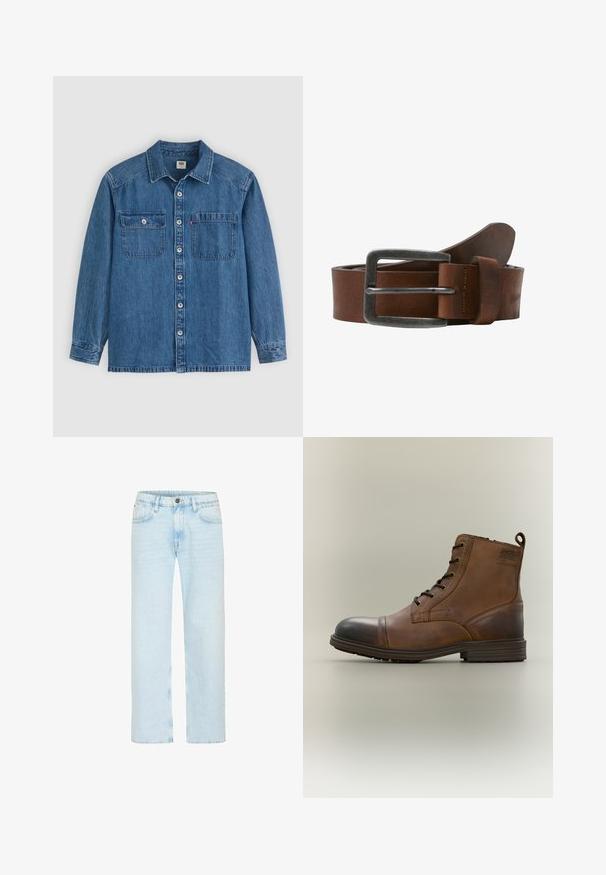 Camisa de mezclilla azul con mangas largas, frente abotonado, dos bolsillos en el pecho con solapas y un cuello liso. Presenta una etiqueta con el logo de Levi's.; Los jeans de denim azul claro cuentan con un diseño de pierna recta, con un cierre de botón clásico, cinco bolsillos y un ligero desgastado para aportar textura.; Bota de cuero marrón con cordones hasta el tobillo, puntera negra, suela redonda y detalle de marca en el lateral sobre un fondo liso.; Cinturón de cuero marrón con hebilla de metal cepillado, presenta una textura suave y un diseño clásico. La correa se estrecha hacia el final.