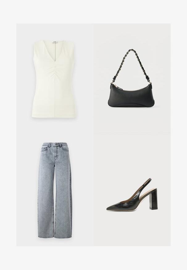 Mouwloos topje met een V-hals, gemaakt van lichtcrème stof. Bevat gathered details in het midden en een getailleerd silhouet.; Licht gewassen denim wijde pijpen jeans met een hoge tailleband, voorzien van voorzakken, riemlussen en contrasterende stiksels.; Zwarte leren slingback schoen met spits toelopend neusje, hoge blokhak en beige binnenvoering tegen een effen lichte achtergrond.; Zwarte lederen schoudertas met een gebogen rechthoekige vorm, gouden ketting verweven in een gevlochten zwarte band, en een ritssluiting bovenop.