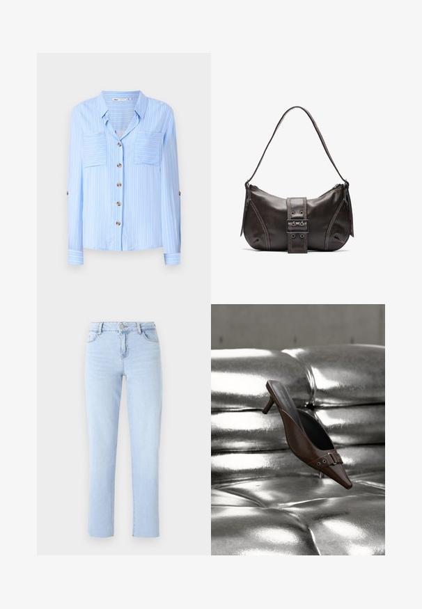 Lys blå langærmet skjorte med lodrette hvide striber, to brystlommer og brune knapper ned foran. Blødt stof med en glat tekstur.; Lyseblå lige ben jeans lavet af denim, med en standard talje, fem lommer og subtile sømdetaljer.; Brun spids tå hæl mule med spænde detalje svævende over en skinnende sølv tuftet læderoverflade.; Brun læder skuldertaske med en buet form, der har et fremtrædende spænde, kontrasterende syninger og en enkelt skulderrem.