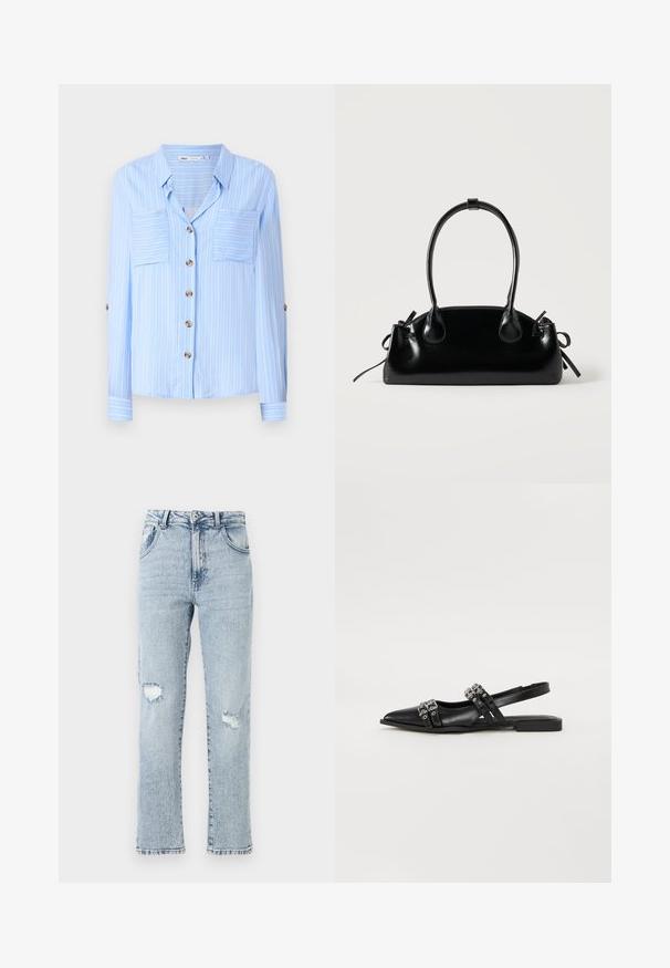 Lys blå langærmet skjorte med lodrette hvide striber, to brystlommer og brune knapper ned foran. Blødt stof med en glat tekstur.; Lysblå denimjeans med en afslappet pasform, der har to knærevner, fem lommer og en frynset kant. Knap- og lynlåslukning.; Even&Odd Slingback-ballerinasko - black; Lille sort blank håndtaske med to lange håndtag og snøre-detaljer i siden på en ensfarvet lys baggrund.
