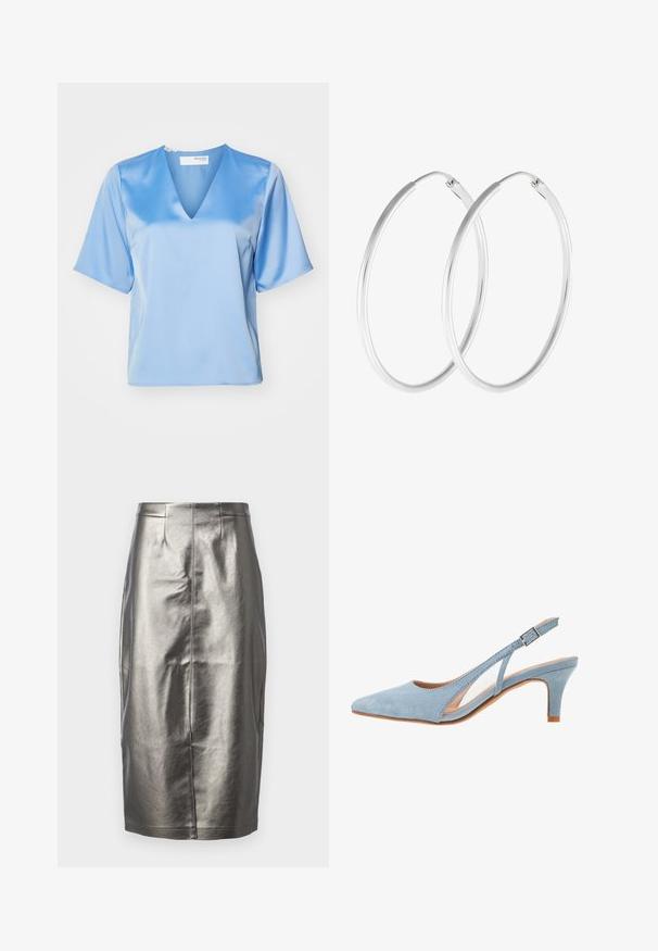 Himmelbluse Bluse aus Satin mit V-Ausschnitt, kurzen Ärmeln und glatter Textur, in einem lässigen Schnitt und mit minimalen Nähdetails.; Metallisch silberner Bleistiftrock aus glattem, glänzendem Material. Mit hoher Taille, Rückenschlitz und mittiger Nahtdetails.; Himmelblauer Suede Slingback-Absatzschuh, spitze Zehenform, verstellbarer Knöchelriemen mit metallischer Schnalle, natürliche beige Innensohle und niedriger Absatz.; Silberfarbene Creolen mit einer glatten, runden Form und einer polierten Oberfläche. Beide Ohrringe haben die gleiche Größe und verfügen über einen sicheren Verschlussmechanismus.