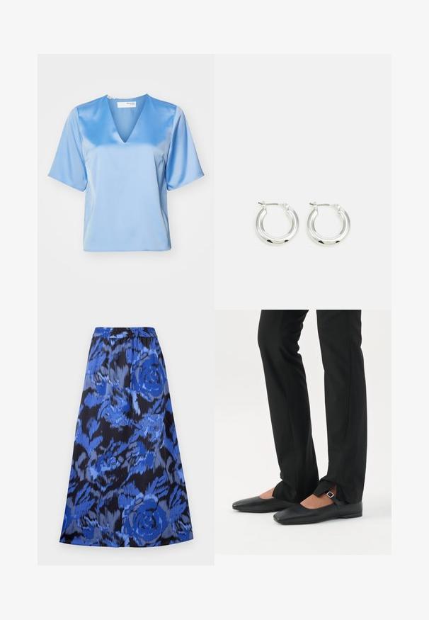 Lichtblauwe satijnen blouse met een V-hals, korte mouwen en een gladde textuur, met een ontspannen pasvorm en minimale stikdetails.; A-lijn rok in een blauw bloemenpatroon op een zwarte achtergrond. Elastische tailleband, lichtgewicht stof en knielange ontwerp.; Benen met zwarte smalle broek met voorsplitten aan de zoom, gecombineerd met zwarte platte Mary Jane-schoenen met een klein gespje.; Zilveren oorbellen in de vorm van een ring met een gepolijste afwerking, met een cirkelvorm en een scharnierende postsluiting. Glad oppervlak met minimale details.