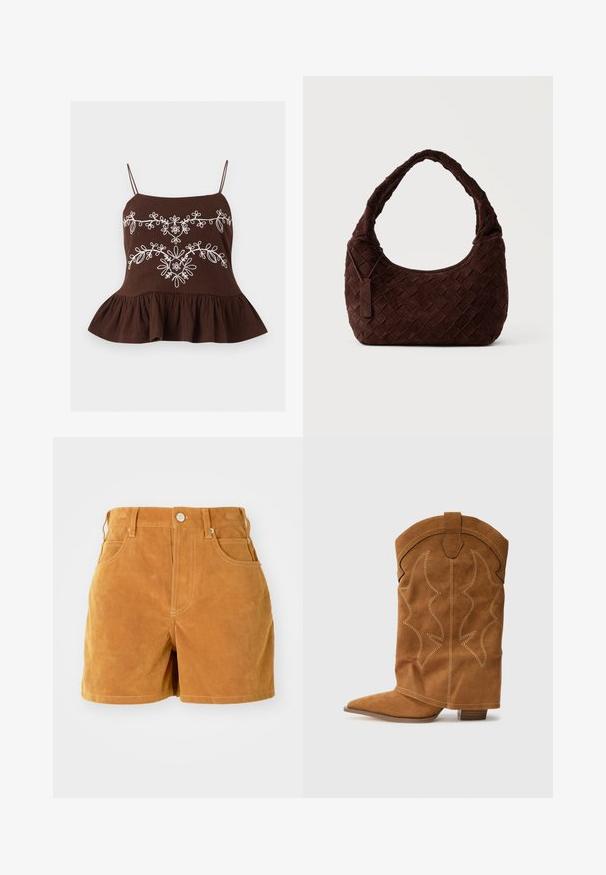 Haut marron sans manches avec fines bretelles, broderie florale blanche sur la poitrine et un ourlet à volants en bas.; Shorts taille haute en daim marron avec bouton à l'avant, passants de ceinture et style à cinq poches sur fond blanc uni.; Botte de cowboy en daim brun avec bout pointu, couture décorative, tige mi-mollet ornée d'un motif ondulé et petit talon.; Sac à épaule en cuir tressé marron foncé avec une forme douce et arrondie et une large anse, avec une petite étiquette en cuir attachée.