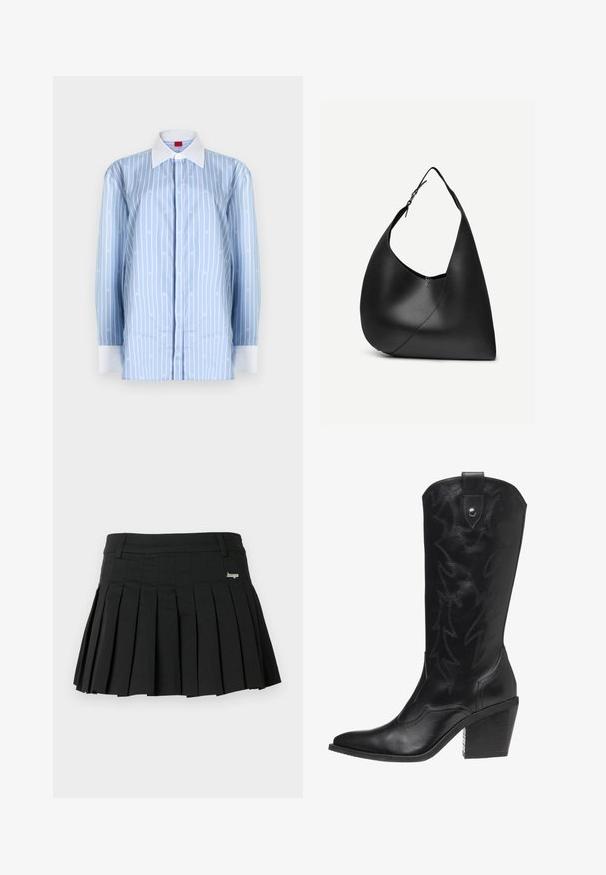 Chemise bleu clair à manches longues avec rayures verticales blanches et motifs de logo subtils. Col classique et accents de poignet blanc.; Jupe plissée noire en tissu léger, dotée d'une ceinture plate et d'un petit logo métallique sur le côté gauche avant.; Bottine de cowboy en cuir noir avec un bout pointu, un talon haut et des coutures décoratives en motif d'éclairs le long de la tige.; Sac à épaule en cuir noir avec forme triangulaire incurvée, une seule sangle ajustable, et une couture diagonale visible à l'avant.