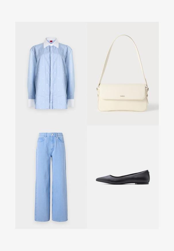 Lichtblauw shirt met lange mouwen, voorzien van witte verticale strepen en subtiele logopatronen. Klassieke kraag en witte manchetten als accenten.; Lichtblauwe wijde denim jeans. Heeft een aangesloten taille met riemlussen en voorzakken, stiksel details en een schone zoom.; Zwarte platte leren schoen met puntige neus en lage hak, zijaanzicht tegen een witte achtergrond.; Schoudertas van crèmegekleurd leer met een klepafsluiting, zilverkleurige hardware, een enkele verstelbare riem en subtiele logodetails.