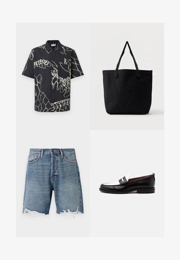 Sort kortærmet skjorte med knapper, hvide abstrakte linjemønstre og en brystlomme på en ensfarvet baggrund.; Lys blå denimshorts med en slidt kant, fem-lomme design og synlig syning. Har en knaplukning i taljen.; Sort-hvid læderloafer med syning, lav hæl og slip-on design, vist fra siden på en ensfarvet baggrund.; Sort canvas-tote-taske med to skulderstropper og et diskret præget cirkeldesign på fronten.