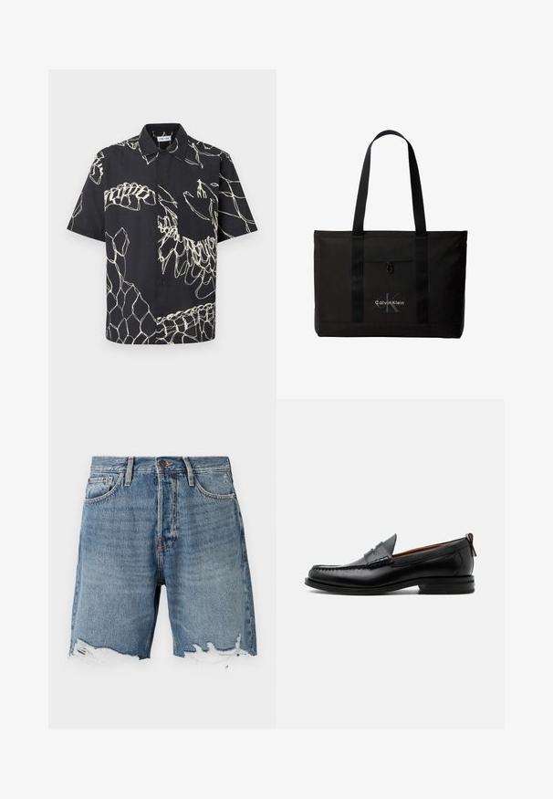 Sort kortærmet skjorte med knapper, hvide abstrakte linjemønstre og en brystlomme på en ensfarvet baggrund.; Lys blå denimshorts med en slidt kant, fem-lomme design og synlig syning. Har en knaplukning i taljen.; Sort læder herre loafer med moc-tå syning, penny strop, struktureret krave og lav stablet hæl på hvid baggrund.; Sort Calvin Klein tote taske med to lange håndtag og lomme foran, med mærkets logo i hvid og grå.