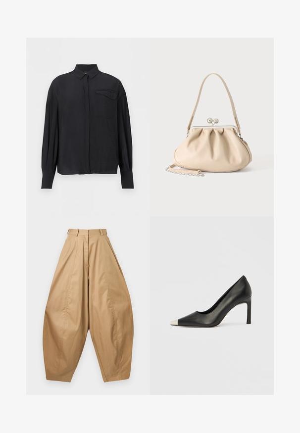Chemise noire à manches longues avec col et poche à rabat boutonnée sur la poitrine gauche, présentée sur un fond blanc.; Pantalons beiges taille haute, jambes larges avec des plis, passants de ceinture et ourlets fuselés, présentés sur un fond blanc.; Chaussure à talon haut en cuir noir avec bout pointu et capuchon argenté métallique. Présente une finition lisse et un talon fin de 10 cm.; Sac à main en cuir souple beige avec un fermoir en métal argenté, une bandoulière simple et une bandoulière chaîne optionnelle sur fond blanc.