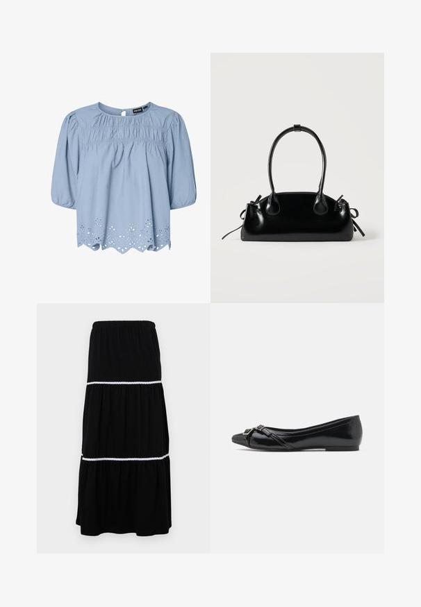 Blouse bleu clair en coton avec un col rond, des manches bouffantes et des détails en dentelle ajourée complexes au niveau de l'ourlet.; Jupe maxi noire à niveaux en tissu doux ; dotée d'une taille élastique et d'une bordure festonnée blanche entre les niveaux pour une touche de détail supplémentaire.; Ballerines en cuir verni noir avec un bout pointu, dotées de lanières croisées et d'un petit détail de boucle en argent à l'avant.; Petit sac à main noir brillant avec deux longues anses et des détails à cordon sur les côtés sur un fond clair uni.