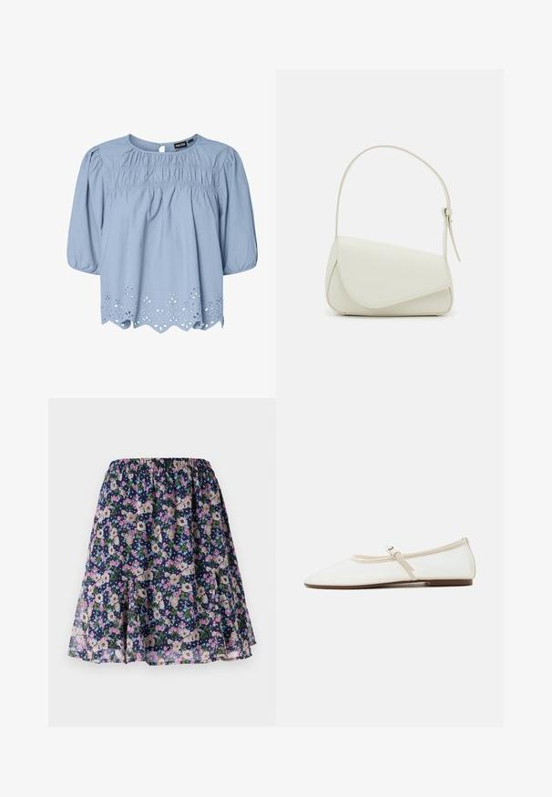 Blusa azul claro de algodón con escote redondo, mangas abullonadas y detalles de encaje de ojo de perdiz intrincados en el dobladillo.; Falda floral con cintura elástica. Presenta un fondo azul marino oscuro con patrones de flores en rosa, blanco y verde. Tela ligera y fluida.; Zapato plano Mary Jane blanco con puntera puntiaguda, tira delgada ajustable con hebilla plateada y suela marrón sobre fondo blanco.; Bolso de mano de imitación cuero blanco con una forma triangular estructurada, correa ajustable única y cierre con solapa acentuada en curva.