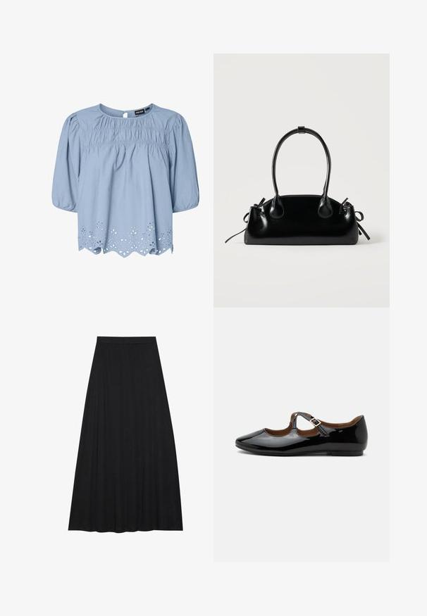 Blouse bleu clair en coton avec un col rond, des manches bouffantes et des détails en dentelle ajourée complexes au niveau de l'ourlet.; Jupe maxi noire en tissu doux et fluide. Elle présente une taille élastique et une silhouette évasée en A avec une texture lisse.; Chaussure plate Mary Jane en cuir verni noir avec deux découpes et une bride à boucle dorée sur fond blanc.; Petit sac à main noir brillant avec deux longues anses et des détails à cordon sur les côtés sur un fond clair uni.