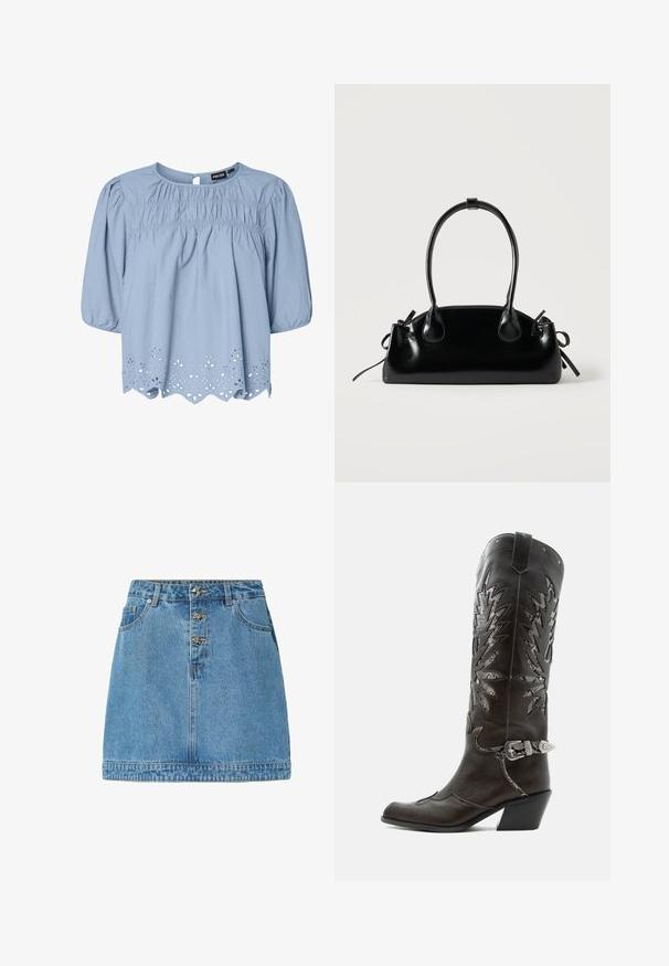Lichtblauwe blouse van katoen met een ronde halslijn, puffed sleeves en ingewikkelde oogjeskant details aan de zoom.; Leren spijkerrok in lichtblauw, met een rechte snit, een voorste knoopsluiting met metallic accenten, twee zijzakken en gestikte zoom.; Zwarte leren cowboylaars met decoratieve uitsnijdingen, zilveren gesp en schuine hak, weergegeven op een witte achtergrond.; Kleine zwarte glanzende handtas met twee lange hengsels en zijkant trekkoord details op een effen lichte achtergrond.