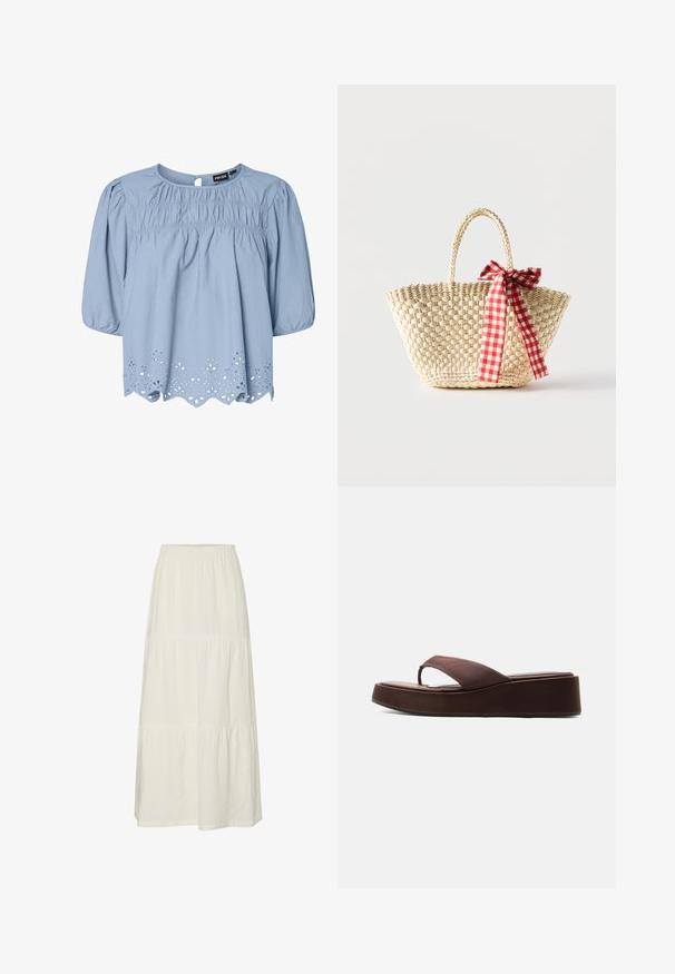 Blouse bleu clair en coton avec un col rond, des manches bouffantes et des détails en dentelle ajourée complexes au niveau de l'ourlet.; Jupe maxi blanche à plusieurs niveaux, en tissu léger et texturé, dotée d'une taille élastique. Comprend trois sections de tissu distinctes.; Sandale tongs plateforme marron avec semelle épaisse et bride large sur les orteils sur fond blanc uni.; Sac cabas en paille tissée avec des poignées tressées et un ruban à carreaux rouge et blanc noué en un nœud d'un côté.