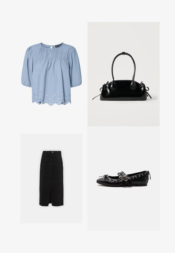 Lichtblauwe blouse van katoen met een ronde halslijn, puffed sleeves en ingewikkelde oogjeskant details aan de zoom.; Zwarte denim midi-rok, met een split aan de voorkant, een klassieke vijf-pocket ontwerp en een zilveren knoopsluiting in de taille.; Zwarte platte balletschoen met dubbele gespsluitingen, zilveren oogjes en een klein strikje nabij de afgeronde neus op een witte achtergrond.; Kleine zwarte glanzende handtas met twee lange hengsels en zijkant trekkoord details op een effen lichte achtergrond.