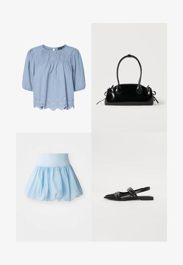 Hellblaue Bluse aus Baumwolle mit Rundhalsausschnitt, Puffärmeln und aufwendigen Spitzenornamenten am Saum.; Hellblauer, gepuffter Rock mit einem breiten elastischen Bund. Hergestellt aus weichem, leichtem Stoff mit einem fließenden, gerafften Design.; Even&Odd Sling-Ballerina - black; Kleine schwarze glänzende Handtasche mit zwei langen Griffen und seitlichen Kordelzug-Details vor einfachem hellem Hintergrund.